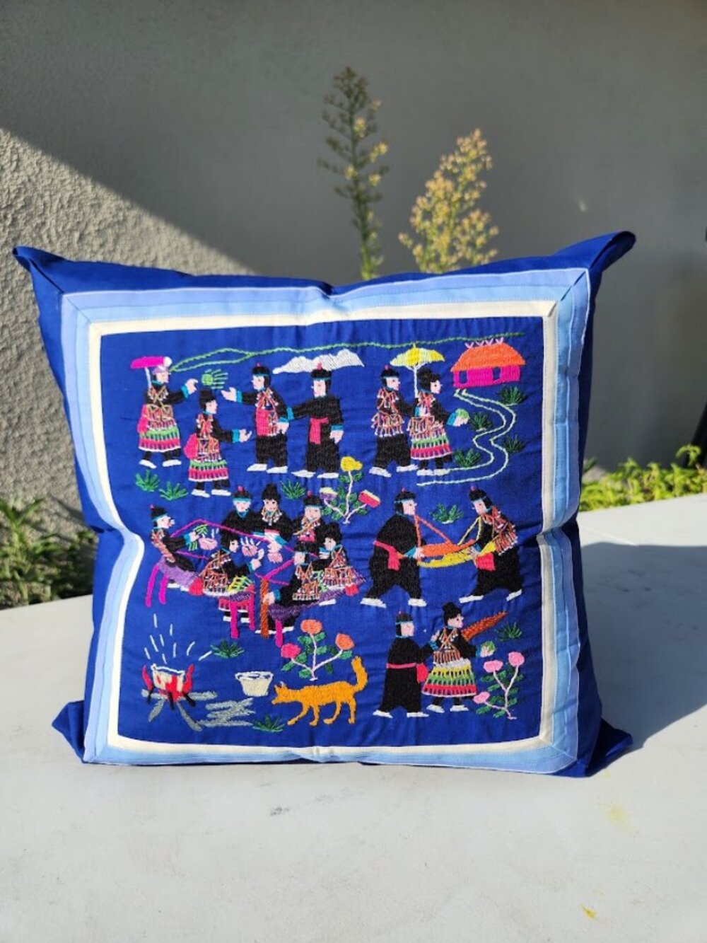 Handcrafted Hmong Story Cloth Pillow pillowcase embroidered Tapestry Embroidery